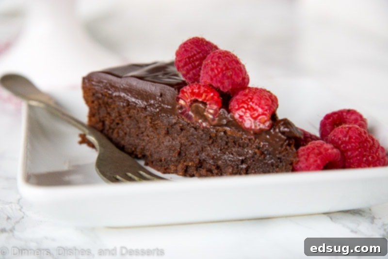 A wider shot of the Flourless Nutella Cake, garnished with fresh raspberries, hinting at its rich chocolate and hazelnut flavors.