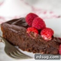 Flourless Nutella Cake - A rich and fudgy flourless chocolate cake full of Nutella! Top with raspberries for hazelnuts for a decadent dessert.