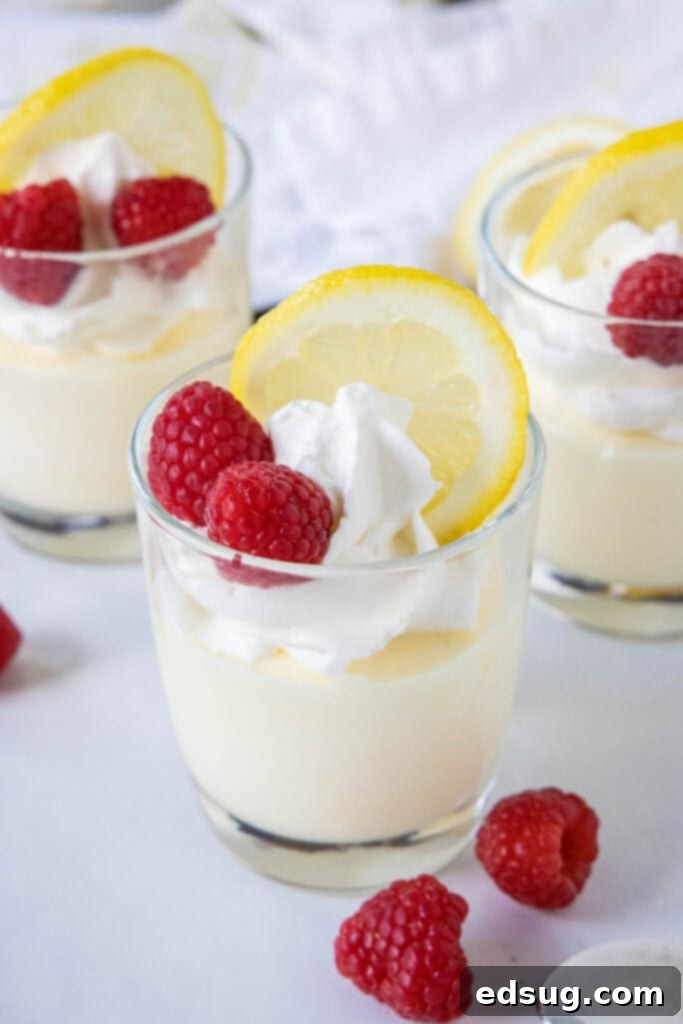 Zesty Lemon Cloud 8 lemon mousse in cups topped with whipped cream and raspberries