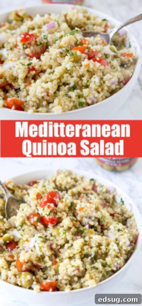 Zesty Mediterranean Quinoa Bowl 6 Close up overhead view of Mediterranean quinoa salad in a wooden bowl with a serving spoon, showcasing the fresh vegetables and quinoa.