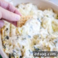 Creamy Spinach Artichoke Dip 8 close up artichoke dip on a cracker