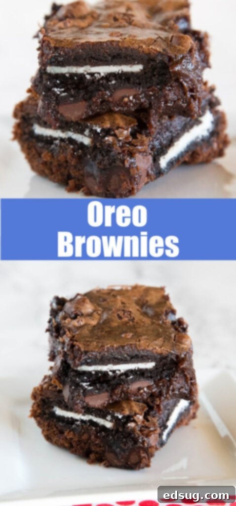 Chewy Oreo Fudge Brownies 2 Stack of sliced Oreo brownies on a white plate