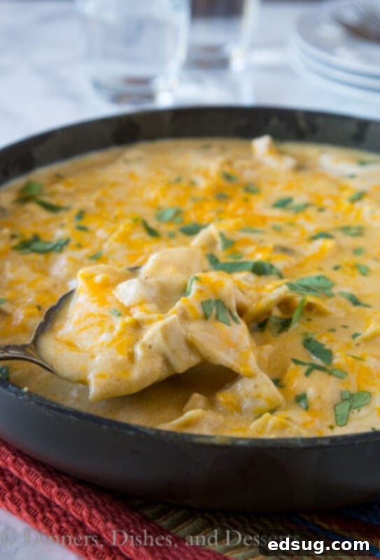 Irresistible White Chicken Enchilada Skillet 2 white chicken enchilada skillet in a cast iron pan, garnished with cilantro