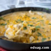 Irresistible White Chicken Enchilada Skillet 5 a skillet with white chicken enchilada and melted cheese