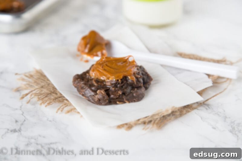 Close-up of Dulce de Leche No Bake Cookies showcasing their gooey texture and rich topping.