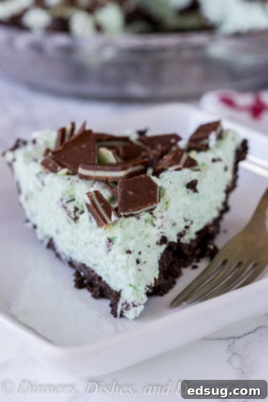 Cool Mint Chocolate Chip Dream Pie 2 Slice of No-Bake Mint Chocolate Chip Pie on a white plate, showcasing the green filling, chocolate chips, and Oreo crust