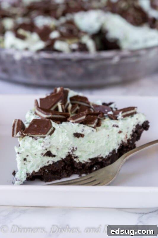Cool Mint Chocolate Chip Dream Pie 4 Close-up of No-Bake Mint Chocolate Chip Pie with a spoon taking a scoop, highlighting the creamy texture and toppings