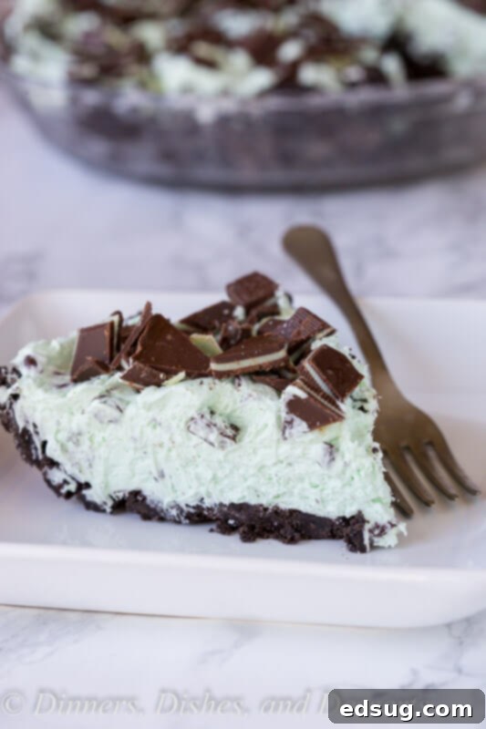 Cool Mint Chocolate Chip Dream Pie 5 Full No-Bake Mint Chocolate Chip Pie in an Oreo crust, garnished with chopped Andes mints
