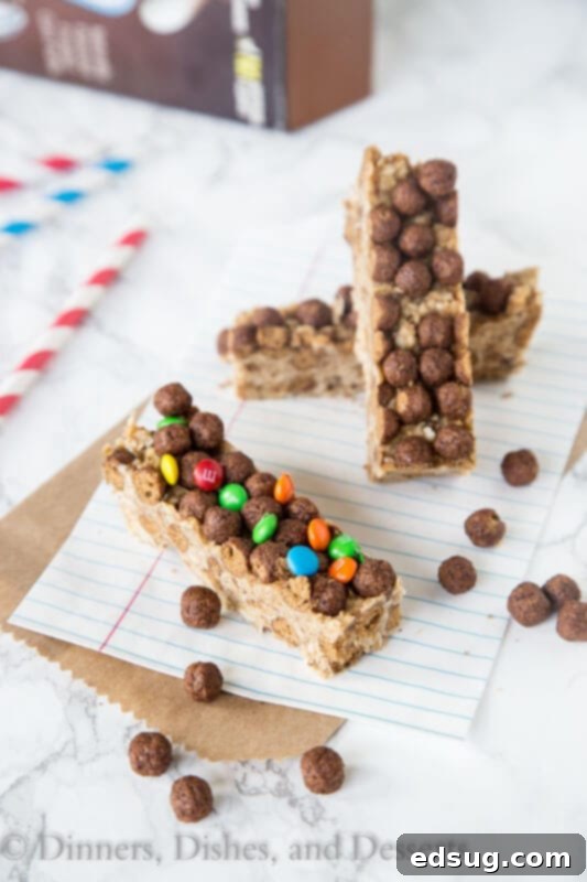 Cocoa Puffs Snack Bars 4 Close-up of a single Cocoa Puffs Cereal Bar with chocolate candies on a plate