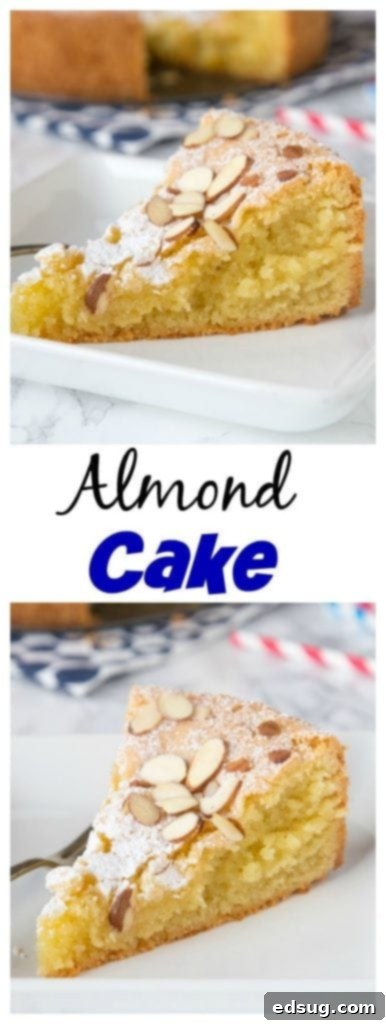 Golden Almond Delight 5 Almond Cake - a super moist and delicious almond flavored cake, topped with sliced almonds and powdered sugar. A decadent cake that will please everyone!
