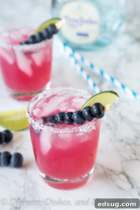 Blueberry Bliss Margaritas 2 Vibrant blueberry margarita in a glass, garnished with fresh mint and blueberries.