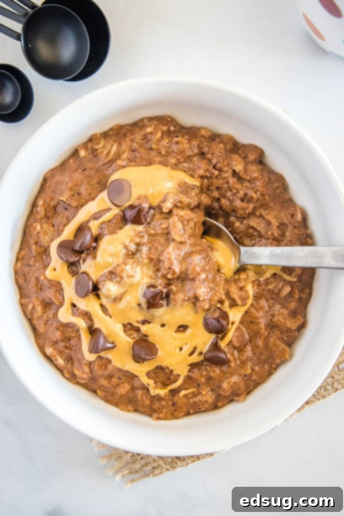 Decadent Chocolate Oatmeal 4 looking down on a bowl of chocolate oatmeal with a drizzle of peanut butter on top