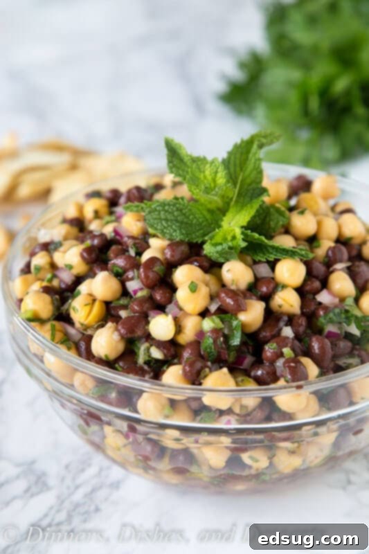 Balela Salad: Mediterranean Chickpea Medley 2 A bowl of freshly prepared Balela Salad, showcasing chickpeas, black beans, and green herbs.