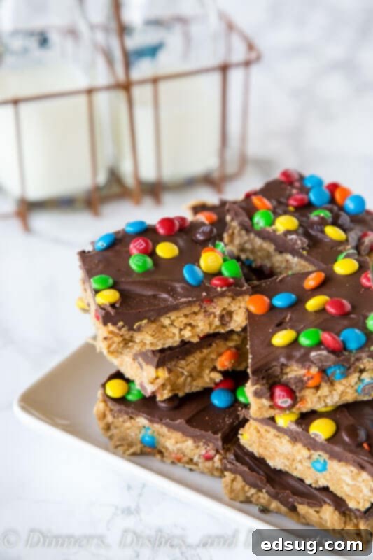 Easy No-Bake Monster Cookie Bars 2 monster cookie no bake bars on a plate