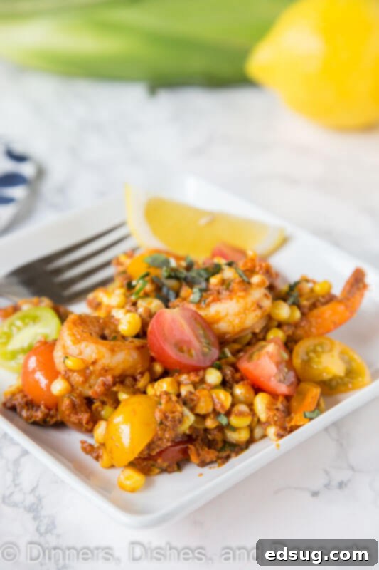 Zesty Shrimp, Chorizo & Sweet Corn Salad 2 shrimp chorizo and corn salad on a plate