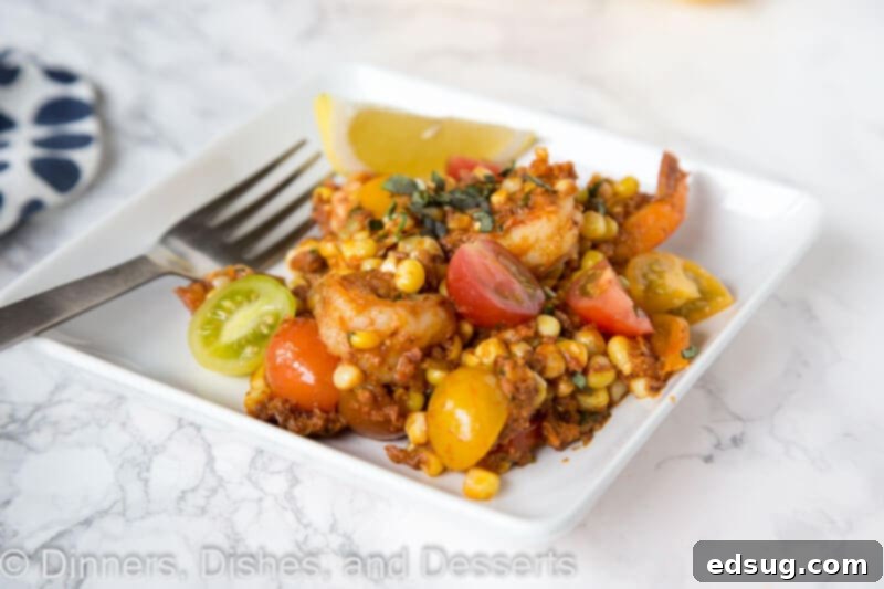 Zesty Shrimp, Chorizo & Sweet Corn Salad 3 shrimp chorizo and corn salad on a plate