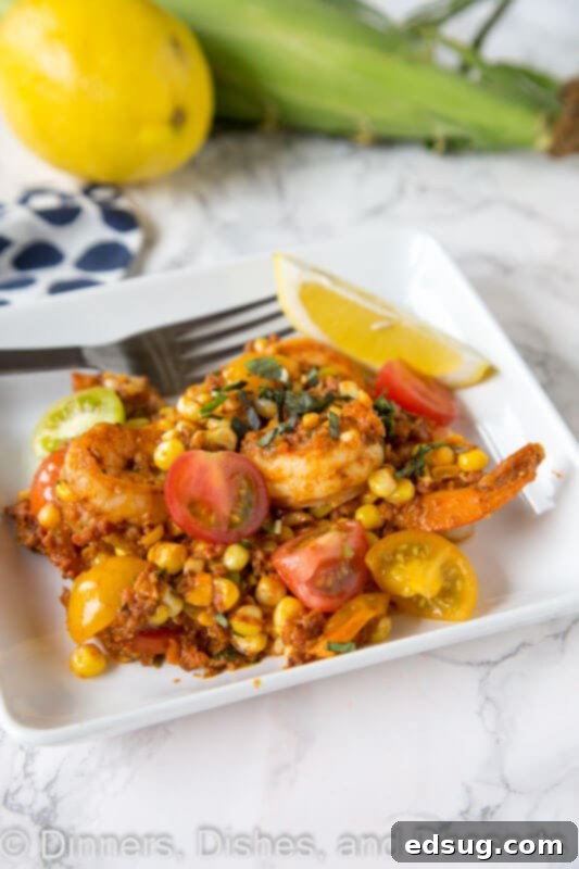 Zesty Shrimp, Chorizo & Sweet Corn Salad 4 shrimp chorizo and corn salad on a plate