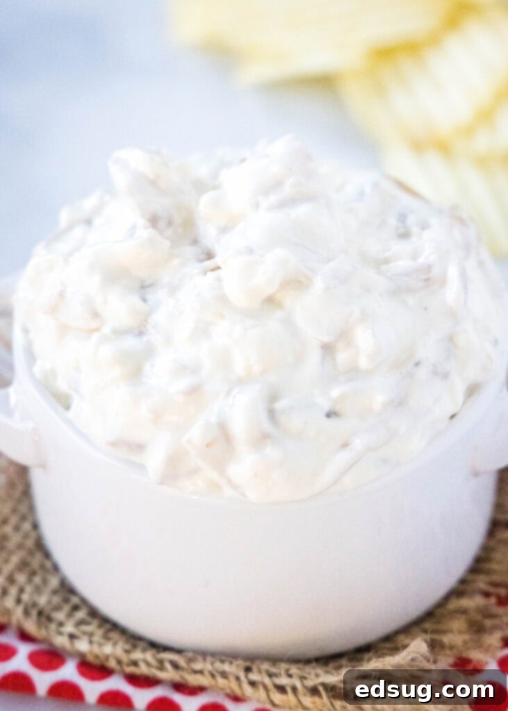 Decadent Caramelized Onion Dip 2 A bowl of creamy caramelized onion dip served with crisp potato chips, ready for dipping.