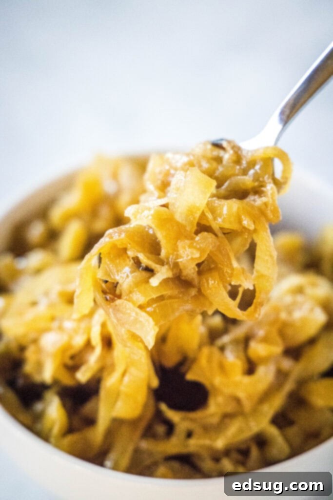 Decadent Caramelized Onion Dip 3 Perfectly caramelized onions with a rich golden-brown color in a white bowl.