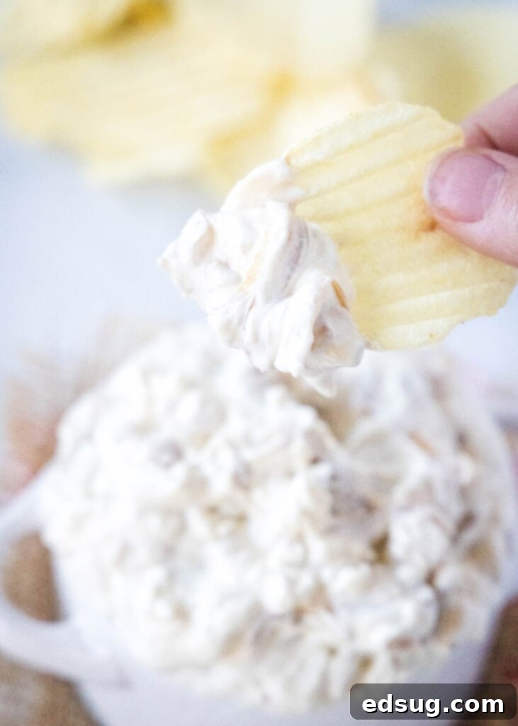 Decadent Caramelized Onion Dip 6 A hand scooping a generous amount of creamy caramelized onion dip onto a potato chip.