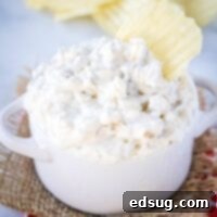 Decadent Caramelized Onion Dip 8 cropped square of caramelized onion dip in a white bowl with potato chips
