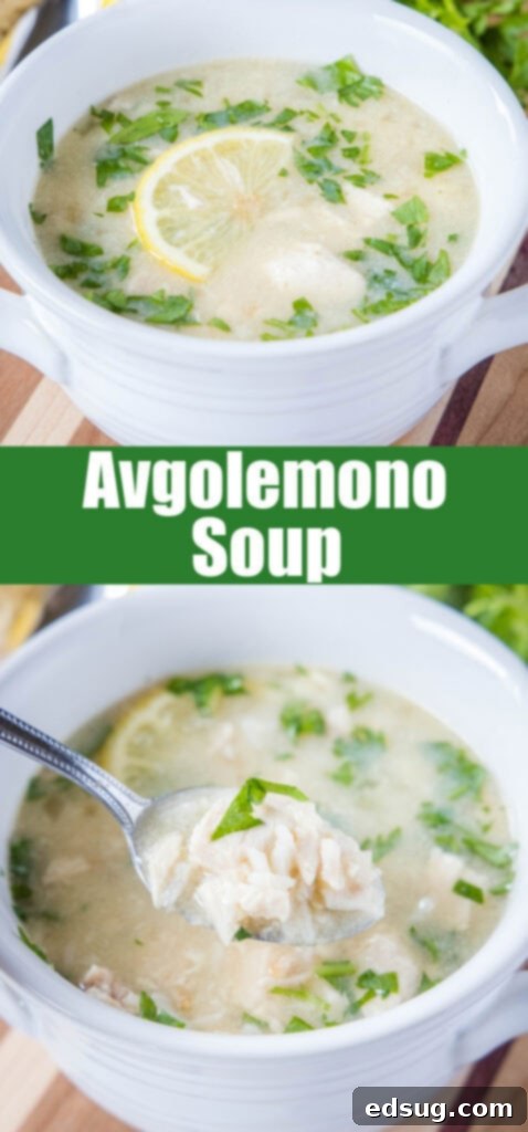 close up avgolemono soup for pinterest