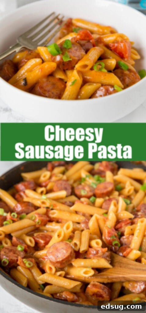 sausage pasta in a skillet close up