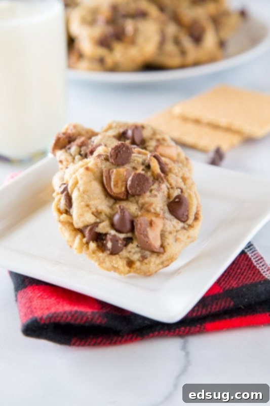 toffee chocolate chip cookies on a plate, with one cookie broken to show its soft interior