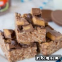 Irresistible Reese's Peanut Butter Krispie Treats 6 Reese's Peanut Butter Rice Krispie Treats - An easy Rice Krispie treat made with Reese's peanut butter spread, topped with chocolate and peanut butter cups!