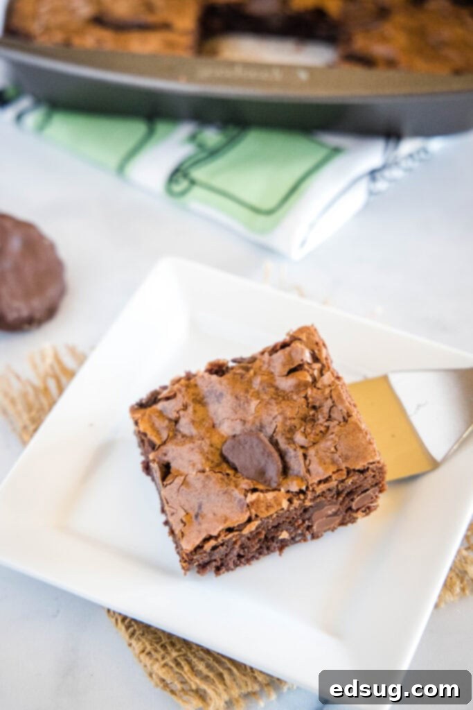 Decadent Thin Mint Brownies 4 A single Thin Mint Brownie square with a Thin Mint cookie on top, on a white plate