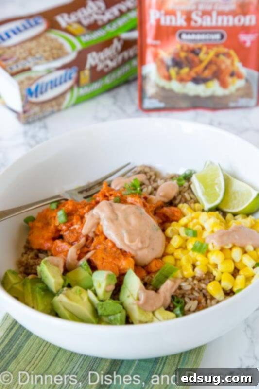 Close-up of a Barbecue Salmon Rice Bowl with Fresh Toppings