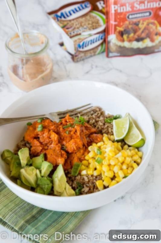 Assembling a Barbecue Salmon Rice Bowl