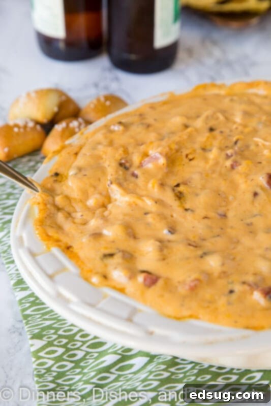 Loaded Cheddar Brat Dip 5 A visually appealing shot of Cheddar Brat Cheese Dip in a rustic bowl, with dippers in the background