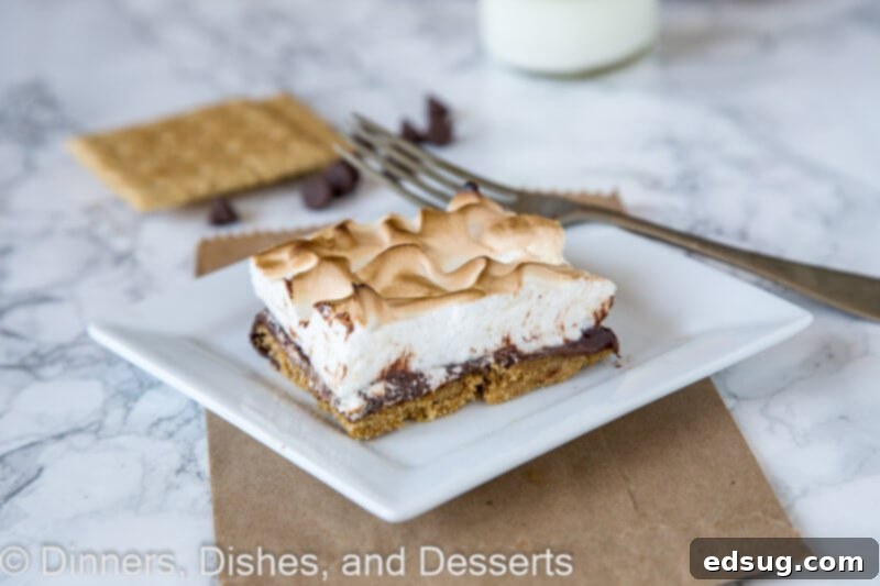 Sheet Pan S'mores Tart 3 Close-up of the sheet pan s'mores tart, cut into squares, showcasing the golden-brown meringue.