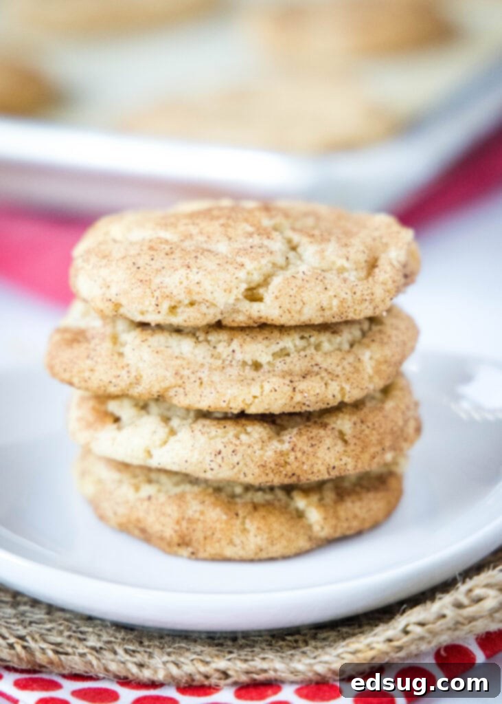 stacked snickerdoodles on a white plate