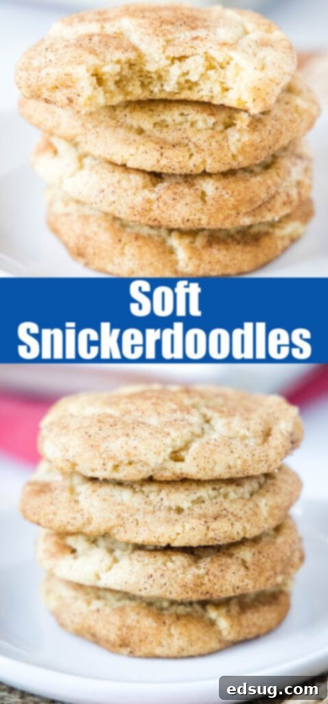 close up snickerdoodles stacked on a plate for pinterest