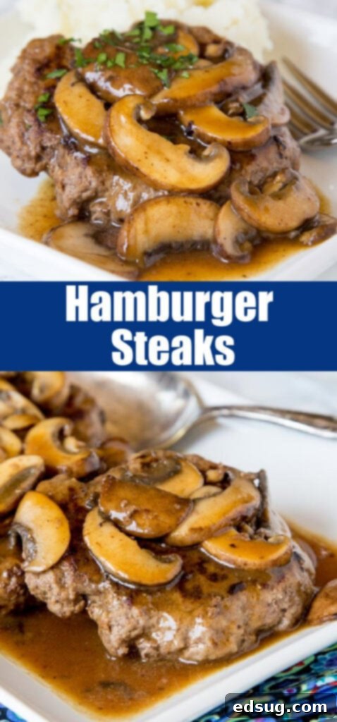 Close-up shot of hamburger steaks with mushroom gravy, perfect for sharing on Pinterest.