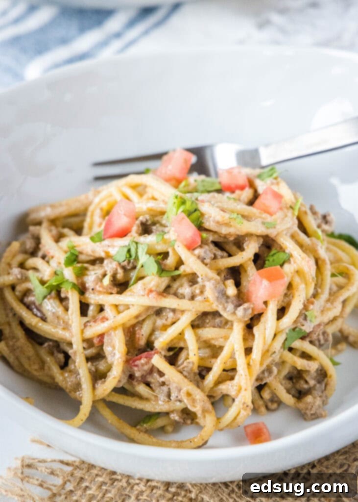 Fiesta Spaghetti 4 taco pasta in a white bowl with a fork
