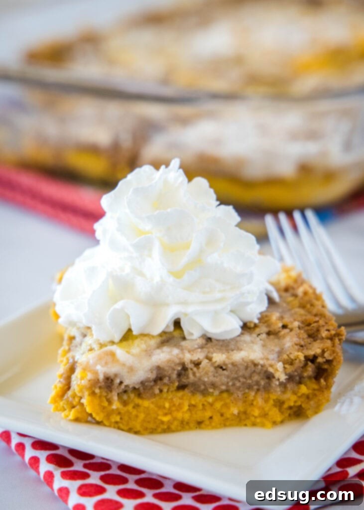 Gooey Pumpkin Crumble Delight 2 slice of pumpkin dump cake on a plate topped with whipped cream and caramel