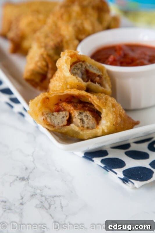 Crispy Meatball Sub Egg Rolls 2 Plate of golden-brown Meatball Sub Egg Rolls with marinara sauce for dipping