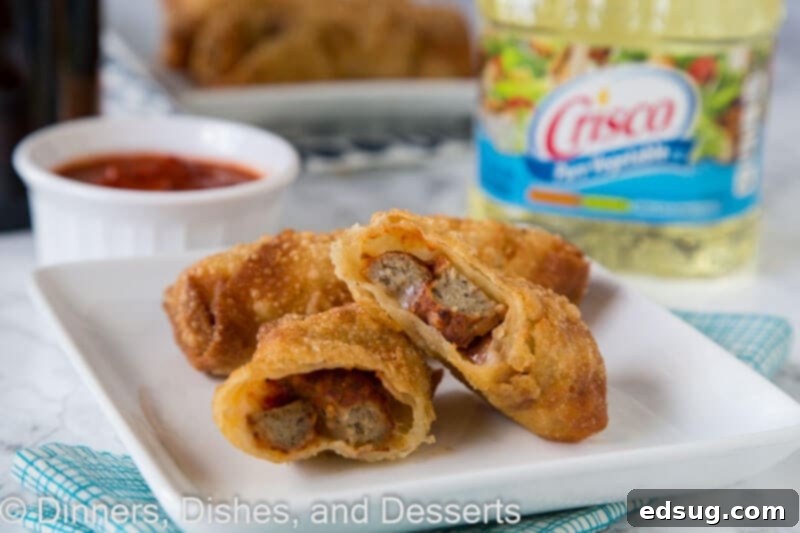 Crispy Meatball Sub Egg Rolls 3 Close-up of a perfectly fried meatball sub egg roll, showing its crispy texture