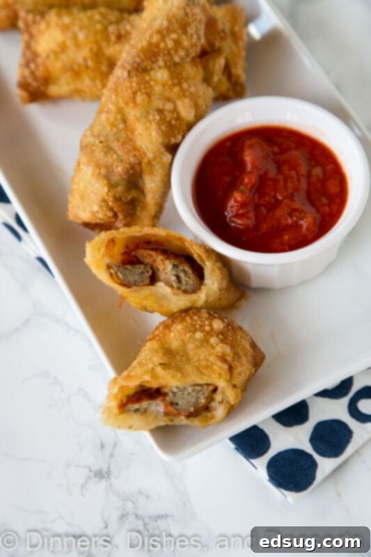 Crispy Meatball Sub Egg Rolls 5 A serving of meatball sub egg rolls ready for dipping, highlighting the rich marinara sauce