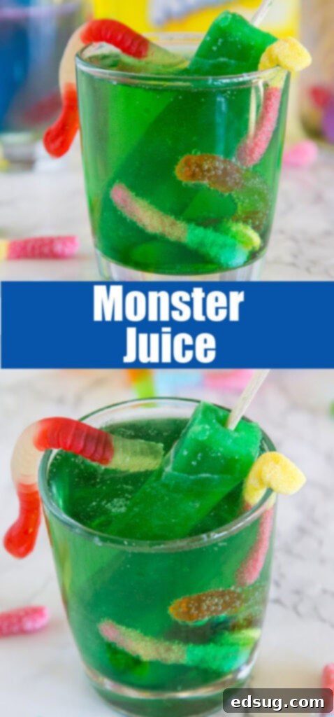 Primal Punch 5 Close-up of a glass with a vibrant green drink, a melting popsicle, and gummy worms cascading over the rim.