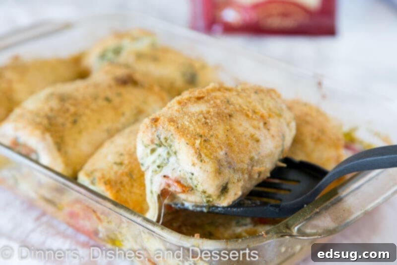 Three Italian stuffed chicken breasts baking in a ceramic dish, surrounded by diced tomatoes