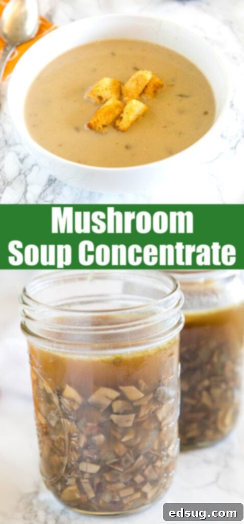 close up view of mushroom soup concentrate in a jar, ready for pinterest sharing