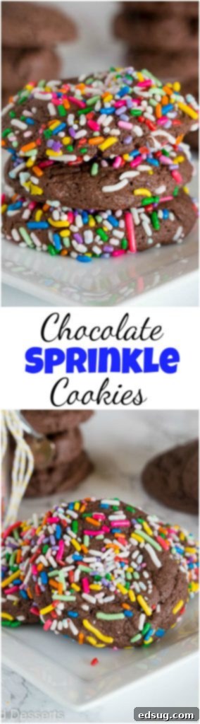 Chocolate Sprinkle Cookies - A quick and easy recipe for fudgy, chewy chocolate cookies made with just 3 ingredients and decorated with festive sprinkles. #cookies #cakemixcookies #dessert #baking #chocolatecookies #sprinkles #food #recipe Collage of chocolate cake mix cookies with sprinkles, showcasing their perfect texture and vibrant decoration.