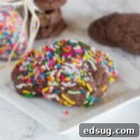 Chocolate Sprinkle Cookies - chocolate cookies from cake mix are super easy to make! Just 3 ingredients to make these thick, chewy, and fudgy cookies.  Coated in fun sprinkles for any occasion.