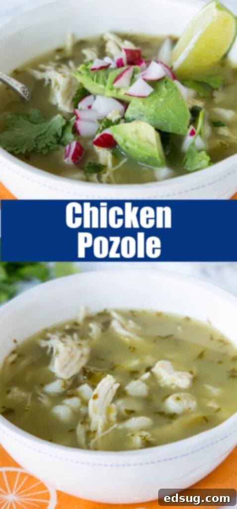 Effortless Slow Cooker Verde Chicken Pozole 5 Close-up of chicken pozole in a bowl with various toppings