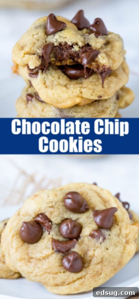 Stacked classic thick and chewy chocolate chip cookies on a white plate