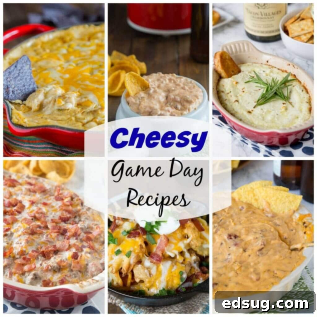 Kickoff Comfort Food 2 A vibrant selection of cheesy game day recipes, including a variety of dips and finger foods, perfect for sharing during a sporting event.